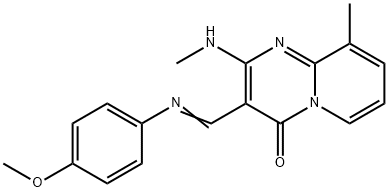 (E)-3-(((4-methoxyphenyl)imino)methyl)-9-methyl-2-(methylamino)-4H-pyrido[1,2-a]pyrimidin-4-one Struktur