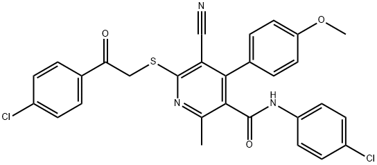 N-(4-chlorophenyl)-6-((2-(4-chlorophenyl)-2-oxoethyl)thio)-5-cyano-4-(4-methoxyphenyl)-2-methylnicotinamide Struktur