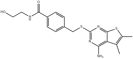 4-(((4-amino-5,6-dimethylthieno[2,3-d]pyrimidin-2-yl)thio)methyl)-N-(2-hydroxyethyl)benzamide,385787-02-0,结构式