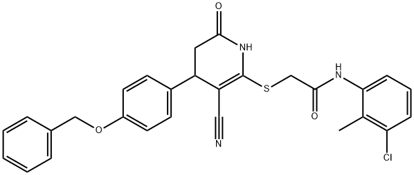 2-((4-(4-(benzyloxy)phenyl)-3-cyano-6-oxo-1,4,5,6-tetrahydropyridin-2-yl)thio)-N-(3-chloro-2-methylphenyl)acetamide 结构式