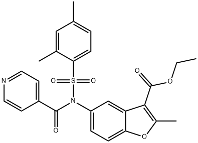 ethyl 5-(N-((2,4-dimethylphenyl)sulfonyl)isonicotinamido)-2-methylbenzofuran-3-carboxylate Struktur