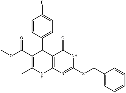 methyl 2-(benzylthio)-5-(4-fluorophenyl)-7-methyl-4-oxo-3,4,5,8-tetrahydropyrido[2,3-d]pyrimidine-6-carboxylate Struktur