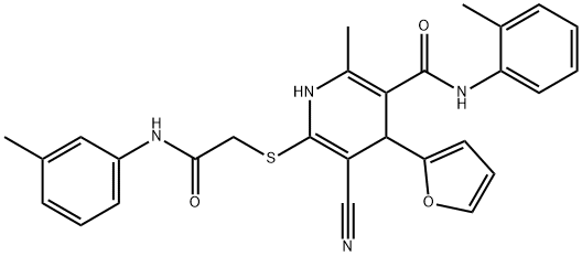 5-cyano-4-(furan-2-yl)-2-methyl-6-((2-oxo-2-(m-tolylamino)ethyl)thio)-N-(o-tolyl)-1,4-dihydropyridine-3-carboxamide Struktur