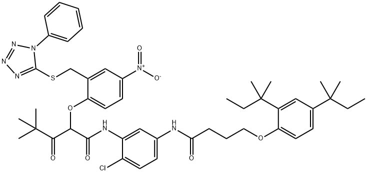 N-[5-[4-[2,4-bis(2-methylbutan-2-yl)phenoxy]butanoylamino]-2-chlorophenyl]-4,4-dimethyl-2-[4-nitro-2-[(1-phenyltetrazol-5-yl)sulfanylmethyl]phenoxy]-3-oxopentanamide 化学構造式