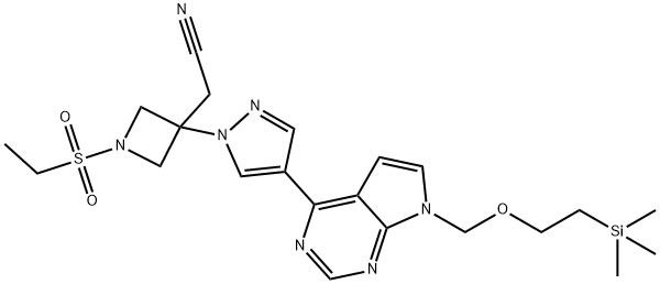 2-(1-(ethylsulfonyl)-3-(4-(7-((2-(trimethylsilyl)ethoxy)methyl)-7H-pyrrolo[2,3-d]pyrimidin-4-yl)-1H-pyrazol-1-yl)azetidin-3-yl)acetonitrile 化学構造式
