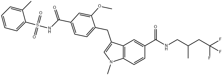 1H-Indole-5-carboxamide, 3-[[2-methoxy-4-[[[(2-methylphenyl)sulfonyl]amino]carbonyl]phenyl]methyl]-1-methyl-N-(4,4,4-trifluoro-2-methylbutyl)- Structure
