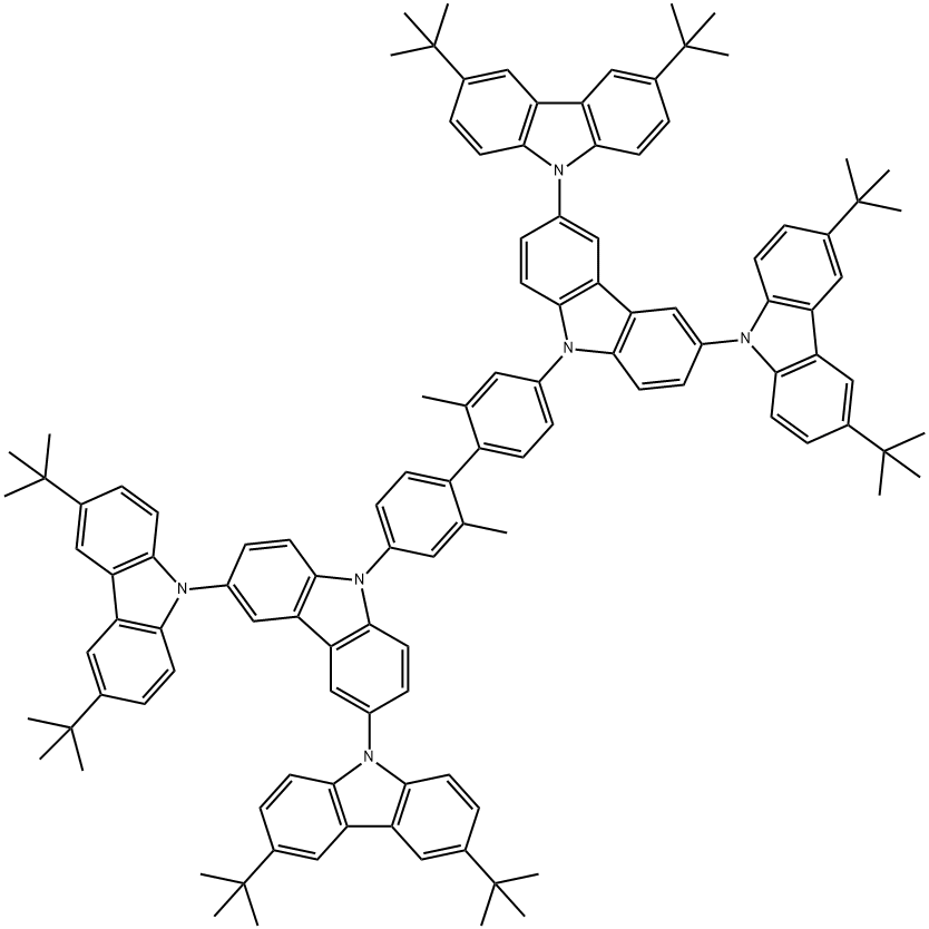 9,9'-(2,2'-Dimethylbiphenyl-4,4'-diyl)bis(3',6'-di-tertbutyl-6-(3,6-di-tert-butyl-9H -carbazol-9-yl)-9H -3,9'-bicarbazole),1529774-51-3,结构式