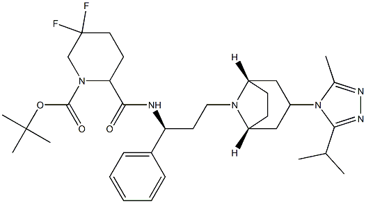 tert-butyl 5,5-difluoro-2-((S)-3-((1S,3R,5R)-3-(3-isopropyl-5-methyl-4H-1,2,4-triazol-4-yl)-8-aza-bicyclo[3.2.1]octan-8-yl)-1-phenylpropylcarbamoyl)piperidine-1-carboxylate 结构式