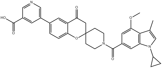 5-(1'-(1-cyclopropyl-4-methoxy-3-methyl-1H-indole-6-carbonyl)-4-oxospiro[chromane-2,4'-piperidin]-6-yl)nicotinicacid Structure