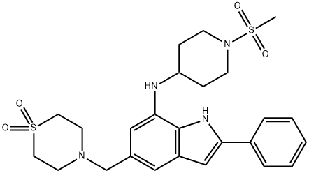 4-[[2-フェニル-7-[(テトラヒドロ-2H-ピラン-4-イル)アミノ]-1H-インドール-5-イル]メチル]チオモルホリン1,1-ジオキシド 化学構造式