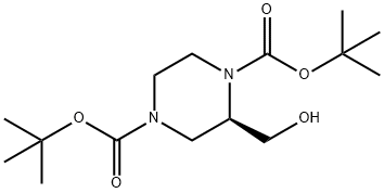 (R)-1,4-(ジ-BOC)-2-(ヒドロキシメチル)ピペラジン 化学構造式