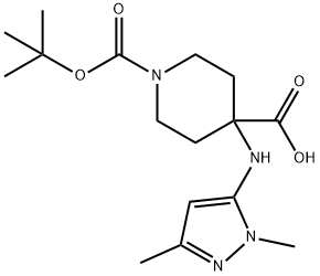1-(tert-butoxycarbonyl)-4-(1,3-dimethyl-1H-pyrazol-5-ylamino)piperidine-4-carboxylic acid Struktur
