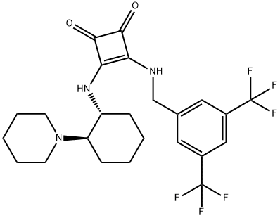3-[[[3,5-二(三氟甲基)苯基]甲基]氨基]-4-[[(1R,2R)-2-(1-哌啶基)环己基]氨基]-3-环丁烯-1,2-二酮 结构式