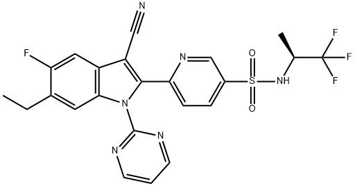 6-(3-cyano-6-ethyl-5-fluoro-1-pyrimidin-2-ylindol-2-yl)-N-[(2S)-1,1,1-trifluoropropan-2-yl]pyridine-3-sulfonamide 结构式