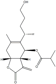 Propanoic acid, 2-methyl-, (3aR,4S,7aR)-2,3,3a,4,7,7a-hexahydro-5-[(1S)-4-hydroxy-1-methylbutyl]-6-methyl-3-methylene-2-oxo-4-benzofuranyl ester Struktur