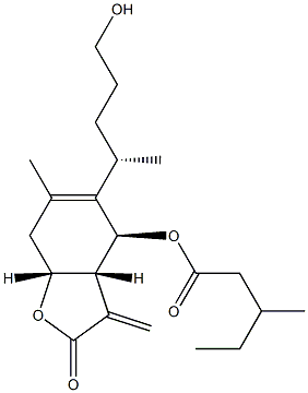 Pentanoic acid, 3-methyl-, (3aR,4S,7aR)-2,3,3a,4,7,7a-hexahydro-5-[(1S)-4-hydroxy-1-methylbutyl]-6-methyl-3-methylene-2-oxo-4-benzofuranyl ester Struktur