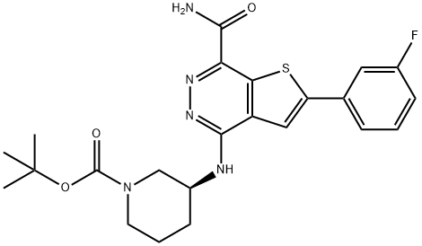 (S)-叔-丁基 3-((7-氨基羰基-2-(3-氟苯基)噻吩并[2,3-D]哒嗪-4-基)氨基)哌啶-1-甲酸基酯 结构式