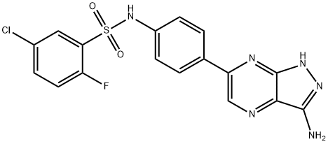 N-[4-(3-amino-2H-pyrazolo[3,4-b]pyrazin-6-yl)phenyl]-5-chloro-2-fluorobenzenesulfonamide 化学構造式