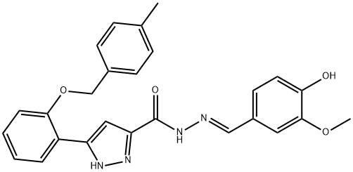 (E)-N-(4-hydroxy-3-methoxybenzylidene)-3-(2-((4-methylbenzyl)oxy)phenyl)-1H-pyrazole-5-carbohydrazide Struktur