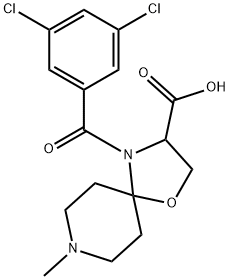 4-(3,5-ジクロロベンゾイル)-8-メチル-1-オキサ-4,8-ジアザスピロ[4.5]デカン-3-カルボン酸 化学構造式