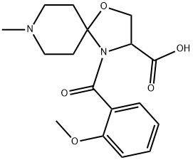 4-(2-メトキシベンゾイル)-8-メチル-1-オキサ-4,8-ジアザスピロ[4.5]デカン-3-カルボン酸 化学構造式