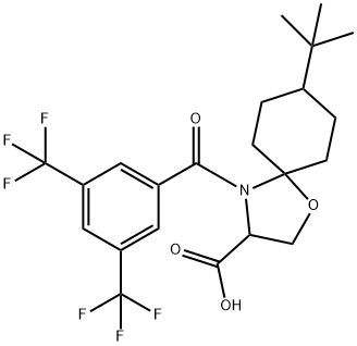 4-[3,5-bis(trifluoromethyl)benzoyl]-8-tert-butyl-1-oxa-4-azaspiro[4.5]decane-3-carboxylic acid Struktur