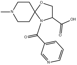 8-メチル-4-(ピリジン-3-カルボニル)-1-オキサ-4,8-ジアザスピロ[4.5]デカン-3-カルボン酸 化学構造式
