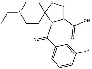 4-(3-ブロモベンゾイル)-8-エチル-1-オキサ-4,8-ジアザスピロ[4.5]デカン-3-カルボン酸 化学構造式
