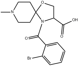 4-(2-ブロモベンゾイル)-8-メチル-1-オキサ-4,8-ジアザスピロ[4.5]デカン-3-カルボン酸 化学構造式
