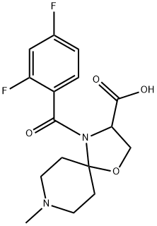 4-(2,4-ジフルオロベンゾイル)-8-メチル-1-オキサ-4,8-ジアザスピロ[4.5]デカン-3-カルボン酸 化学構造式