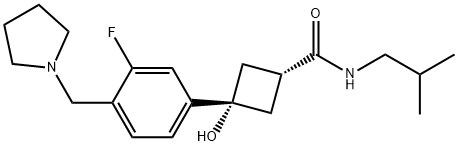 (1s,3s)-3-(3-fluoro-4-(pyrrolidin-1-ylmethyl)phenyl)-3-hydroxy-N-isobutylcyclobutanecarboxamide Struktur
