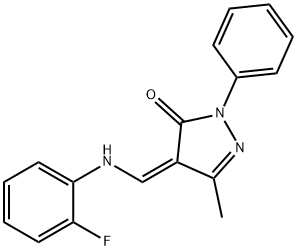 (Z)-4-(((2-fluorophenyl)amino)methylene)-5-methyl-2-phenyl-2,4-dihydro-3H-pyrazol-3-one Struktur