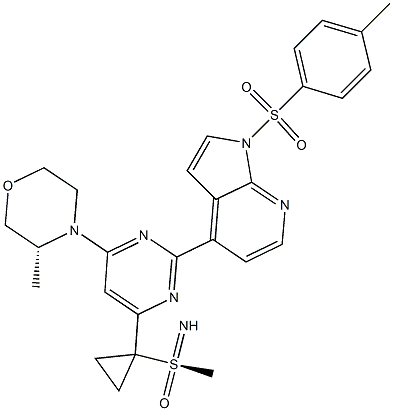 (R)-3-methyl-4-(6-(1-((R)-S-methylsulfonimidoyl)cyclopropyl)-2-(1-tosyl-1H-pyrrolo[2,3-b]pyridin-4-yl)pyrimidin-4-yl)morpholine Struktur
