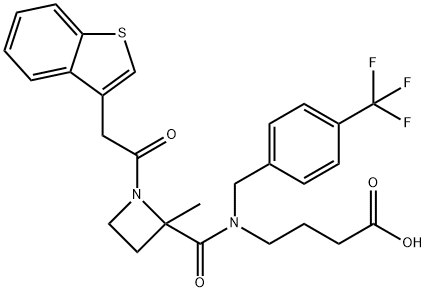 4-(1-(2-(benzo[b]thiophen-3-yl)acetyl)-2-methyl-N-(4-(trifluoromethyl)benzyl)azetidine-2-carboxamido)butanoic acid Struktur