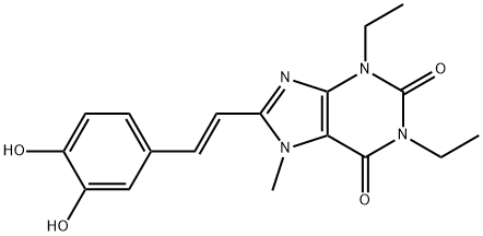 1H-嘌呤-2,6-二酮，8- [2-（3,4-二羟基苯基）乙烯基] -1,3-二乙基-3,7-二氢-7-甲基-，（E）-（9CI） 结构式