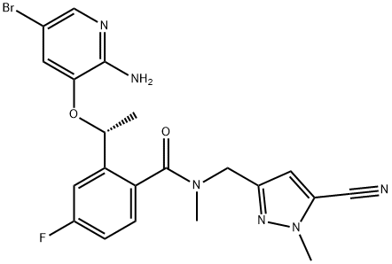 (R)-2-(1-(2-氨基-5-溴吡啶-3-丙氧基)乙基)-N-((5-氰基-1-甲基-1H-吡唑-3-基)甲基)-4-氟-N-甲基苯甲酰胺,1612891-03-8,结构式