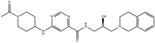 4-Pyrimidinecarboxamide, 6-[(1-acetyl-4-piperidinyl)amino]-N-[(2R)-3-(3,4-dihydro-2(1H)-isoquinolinyl)-2-hydroxypropyl]- 结构式