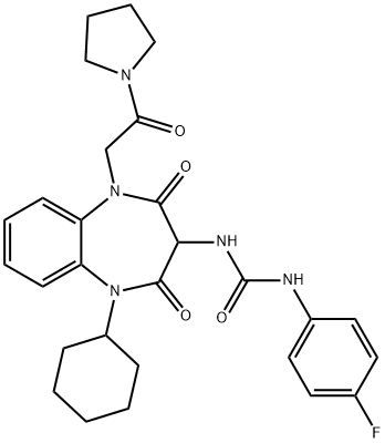 Urea, N-[1-cyclohexyl-2,3,4,5-tetrahydro-2,4-dioxo-5-[2-oxo-2-(1-pyrrolidinyl)ethyl]-1H-1,5-benzodiazepin-3-yl]-N'-(4-fluorophenyl)- Struktur