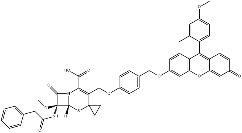 (1R,8S)-8-methoxy-4-{[4-({[9-(4-methoxy-2-methylphenyl)-3-oxo-3H-xanthen-6-yl]oxy}methyl)phenoxy]methyl}-7-oxo-8-(2-phenylacetamido)-2-thia-6-azaspiro[bicyclo[4.2.0]octane-3,1'-cyclopropan]-4-ene-5-carboxylic acid 结构式