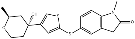 2H-Indol-2-one,1,3-dihydro-1-methyl-5-[[4-[(2S,4R)-tetrahydro-4-hydroxy-2-methyl-2H-pyran-4-yl]-2-thienyl]thio]- Struktur