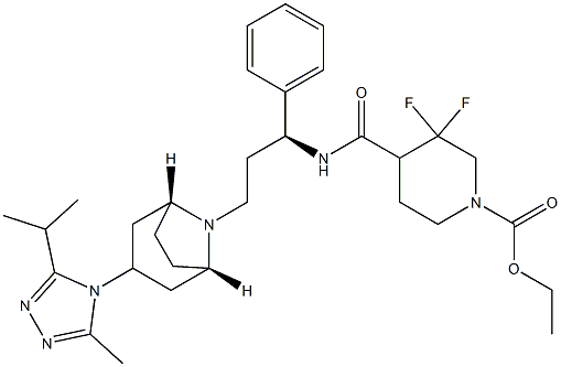 ethyl 3,3-difluoro-4-((S)-3-((1S,3R,5R)-3-(3-isopropyl-5-methyl-4H-1,2,4-triazol-4-yl)-8-aza-bicyclo[3.2.1]octan-8-yl)-1-phenylpropylcarbamoyl)piperidine-1-carboxylate 结构式