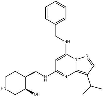 3-Piperidinol, 4-[[[3-(1-methylethyl)-7-[(phenylmethyl)amino]pyrazolo[1,5-a]pyrimidin-5-yl]amino]methyl]-, (3R,4R)- Structure