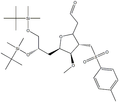 2-((2S,3S,4R,5R)-5-((S)-2,3-bis(tert-butyldimethylsilyloxy)propyl)-4-methoxy-3-(tosylmethyl)tetrahydrofuran-2-yl)acetaldehyde 化学構造式