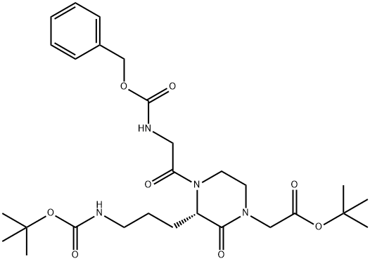 (S)-tert-butyl 2-(4-(2-(((benzyloxy)carbonyl)amino)acetyl)-3-(3-((tert-butoxycarbonyl)amino)propyl)-2-oxopiperazin-1-yl)acetate Struktur