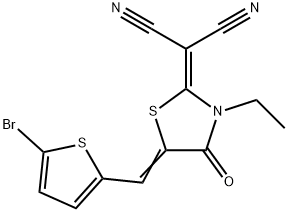 2-(5-((5-bromothiophen-2-yl)methylene)-3-ethyl-4-oxothiazolidin-2-ylidene)malononitrile,1879092-25-7,结构式