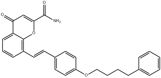(E)-4-氧亚基-8-(4-(4-苯基丁氧基)苯乙烯基)-4H-色烯-2-甲酰胺, 197507-06-5, 结构式