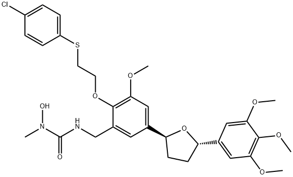 Urea, N'-[[2-[2-[(4-chlorophenyl)thio]ethoxy]-3-methoxy-5-[(2S,5S)-tetrahydro-5-(3,4,5-trimethoxyphenyl)-2-furanyl]phenyl]methyl]-N-hydroxy-N-methyl- Struktur