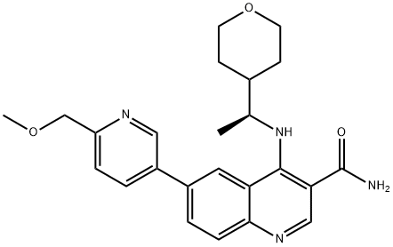 4-((S)-1-(tetrahydro-2H-pyran-4-yl)ethylamino)-6-(6-(methoxymethyl)pyridin-3-yl)quinoline-3-carboxamide Structure