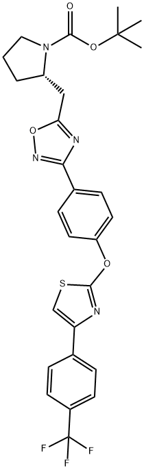 tert-butyl (S)-2-((3-(4-((4-(4-(trifluoromethyl)phenyl)thiazol-2-yl)oxy)phenyl)-1,2,4-oxadiazol-5-yl)methyl)pyrrolidine-1-carboxylate 结构式