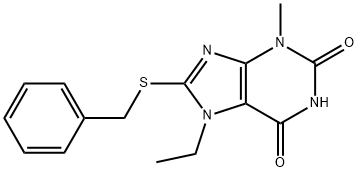 8-(benzylthio)-7-ethyl-3-methyl-3,7-dihydro-1H-purine-2,6-dione Struktur